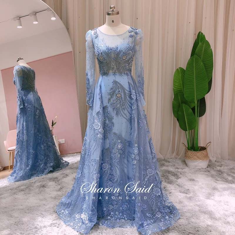 Abiti da sera arabi eleganti a maniche lunghe in pizzo blu per le donne  festa di nozze abito da ballo formale musulmano di cristallo Dubai di lusso  SS781|Evening Dresses| - AliExpress