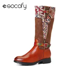 SOCOFY Botas mujer; ботинки из натуральной кожи с квадратным узором; ботинки до середины икры на мягкой плоской подошве; обувь на каблуке; женская зимняя обувь