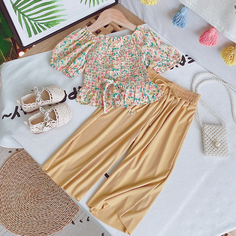 Summer Girls' Clothing Sets Fashion Chiffon Floral Top + Wide Leg Pants 2Pcs Suits Baby Kids Outfits Suit Children Clothing