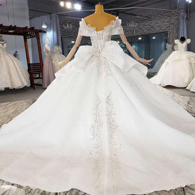 HTL2160 Shiny Metal Sequins Applique Print 2021 Wedding Dress Sweetheart Neck Backless Church Trailing Wedding Dress 2