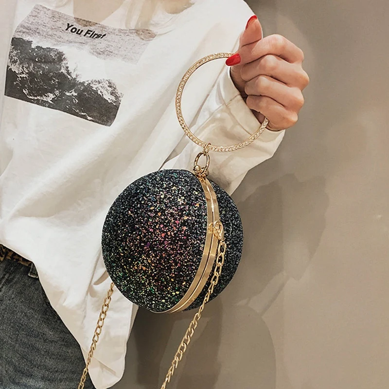 2021 Women Evening Day Clutch Colorful Crystal Diamonds Round Ball Shaped Clutches Lady Handbag Wedding Purse Chain Shoulder Bag