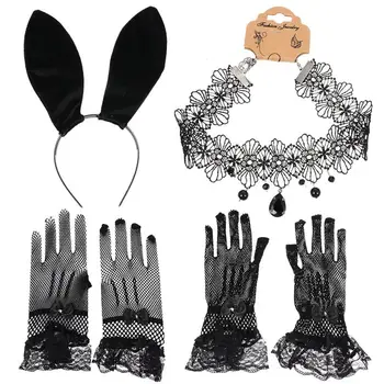 

1 Set Rabbit Ears Hair Hoop Headband Cosplay Clothes Set Practical Delicate Sexy Necklace Lace Gloves Costumes Hair Band Set