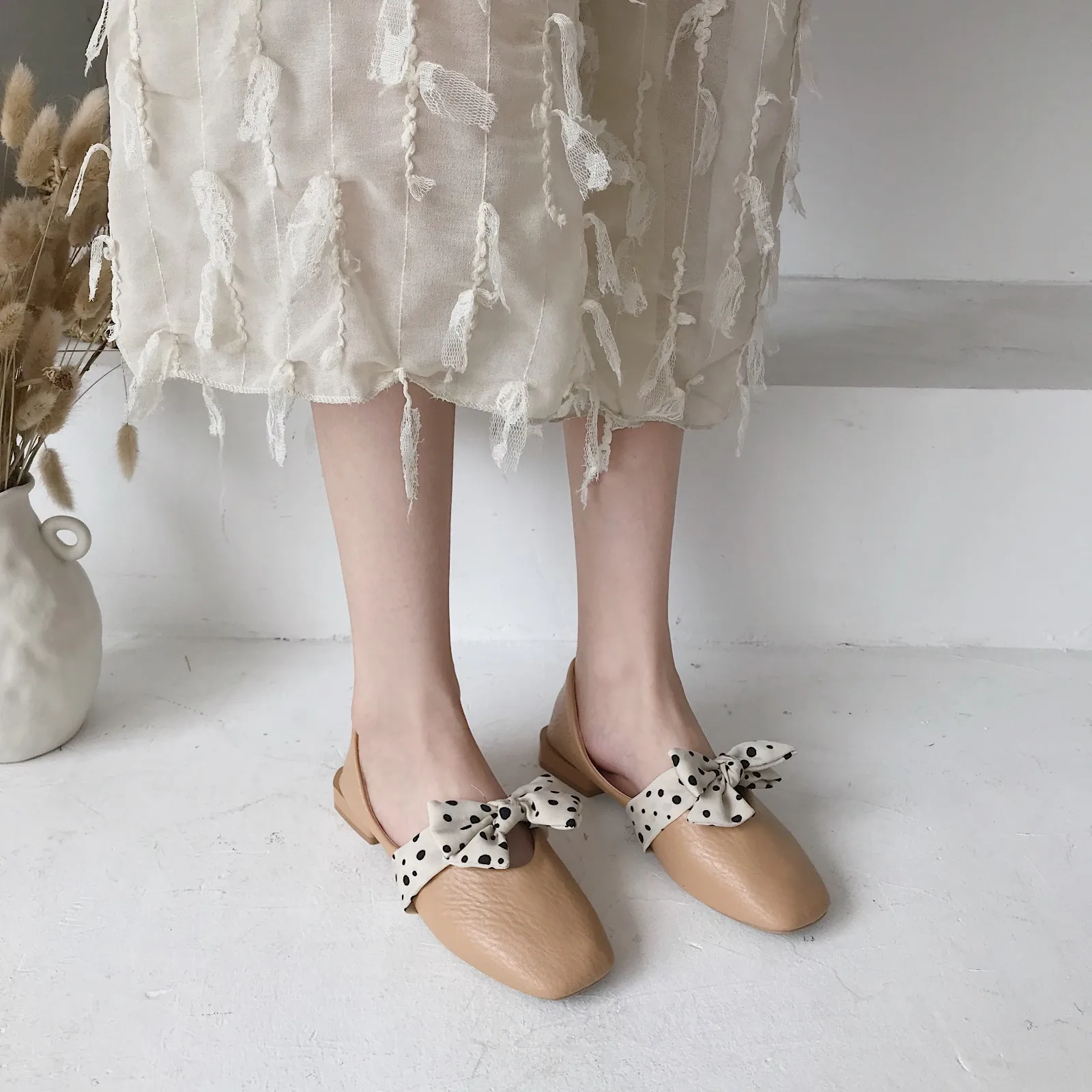 

2019 Summer New Style Korean-style Square Head Low-Cut Lace-up Bow Low Heel Mixed Colors Foot Covering Casual Flat Keel Thin Sho