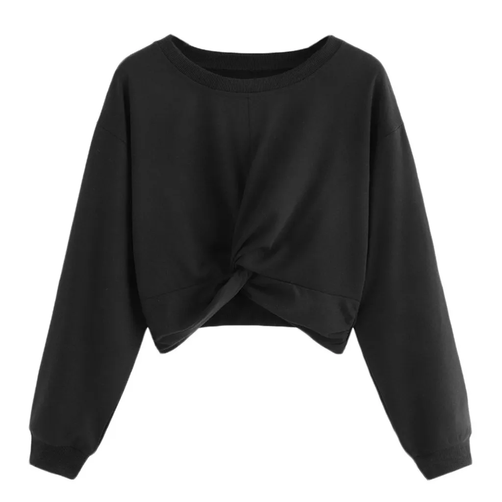 Укороченный топ, Женская толстовка с круглым воротником, чистый цвет, безшляпные топы с длинными рукавами, уличная одежда, женский свитер, Топ Harajuku - Цвет: Black