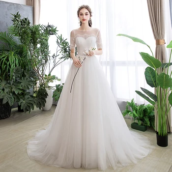 

Vestidos De Novia 2020 New Simple Lace Bride Dress Illusion White Wedding Dress Long Sexy Backless Corset Princess Wedding Gown
