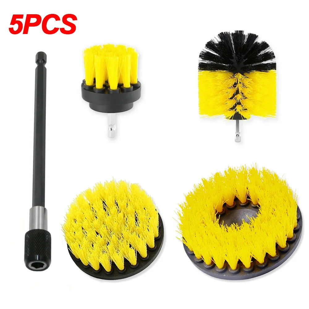 4pcs Power Scrubber Drill Brush+ 1pc 15cm Extension Tube Car Wheel Brushes for Rims Washing Bathroom Tub Shower Cleaning