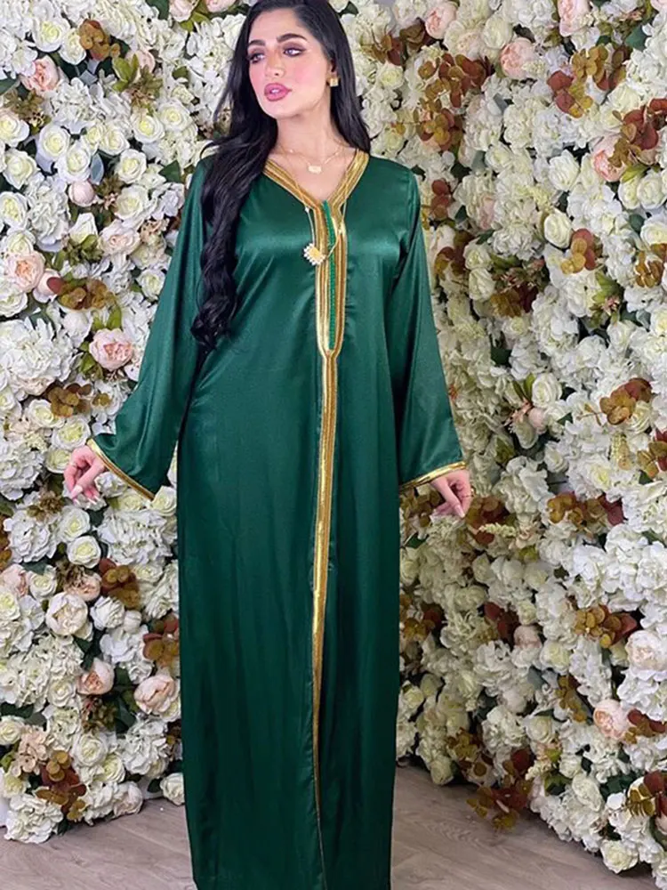 Vestido largo árabe para mujer, caftán grueso de satén con ajuste trenzado, suelto, informal, musulmán, Abaya islámico, Dubái, marroquí, Túnica de fiesta de Ramadán - AliExpress Ropa mujer