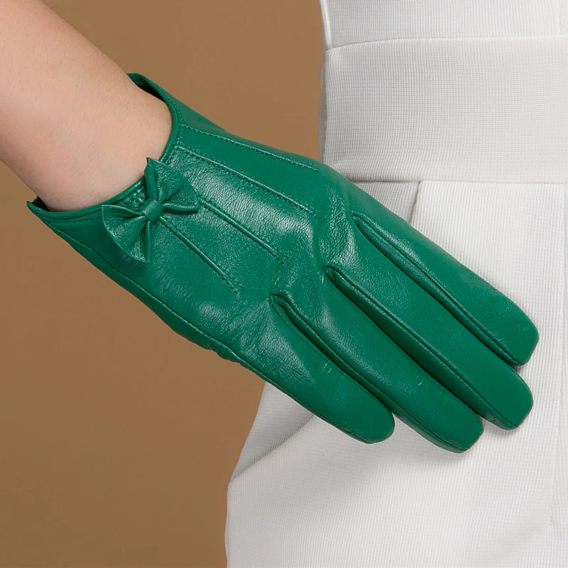 

NH Winter Genuine Leather Gloves for Women Green High Quality Real Goatskin Gloves New Brand Fashion Warm Soft Bowknot Mittens