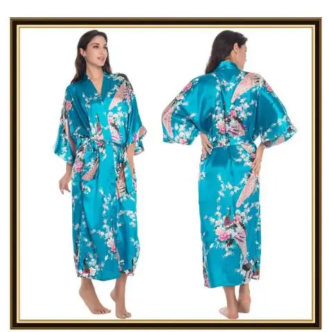Half Sleeve Loose Style Woman Japanese Kimono Satin Silk Sleepwear Pajamas Peacock Spa Yukata Bathing Robe Lady's Long Dress