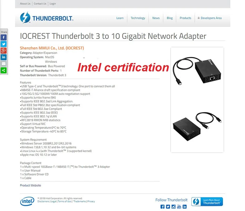 IOCREST Сертифицированный 10 гигабитный USB3.1 type-C thunderbolt 3 проводной сетевой адаптер lan Чипсет intel Поддержка Mac OS