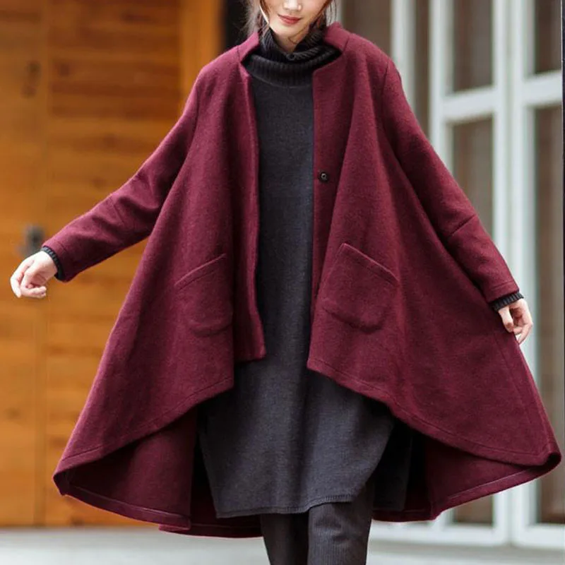 Женская Длинная шерстяная накидка с высоким воротником свободного покроя |