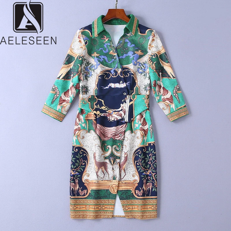 

AELESEEN Vintage Print Dresses Women Runway Design Elegant Deer Print Turn-Down Collar Single Breasted Zipper Sashes Midi Dress