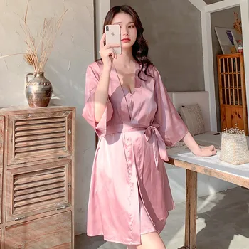 

Satin Kimono Gown New Arrival Homewear Solid Home Clothing Women Sleepwear Intimate Lingerie Sexy Nightgown Wedding Robe