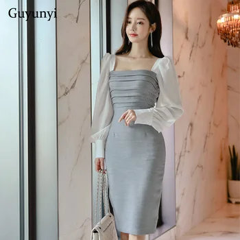 

Plain Stitching Tight Pencil Dress 2020 Spring High Waist Slim Office Dress Simple Fashion Puff Sleeve Women Elegant Party Dress