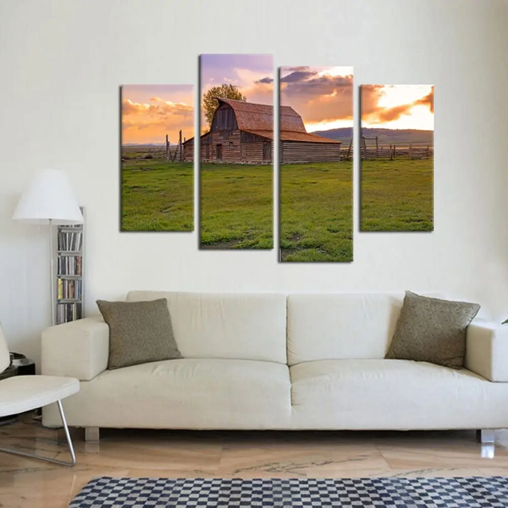 

USA Grand Teton National Park Landscape 4 Pieces Paintings Modern Giclee Stretched and Framed Artwork for Living Room Decor