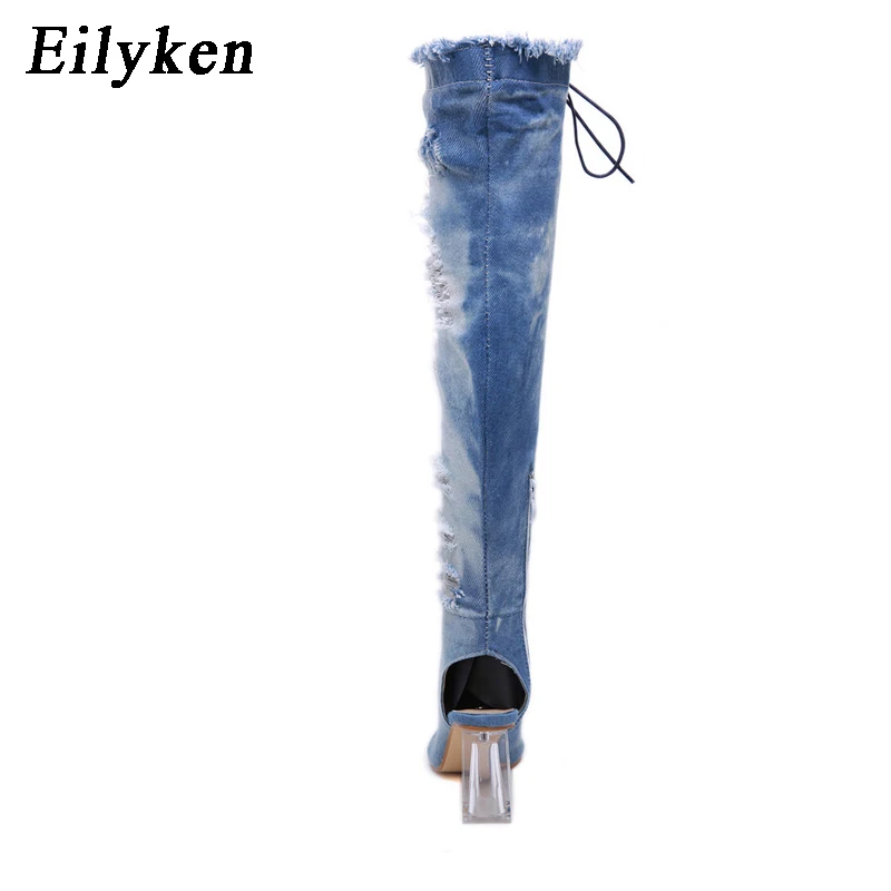 Eilyken пикантные Сапоги выше колена; женские высокие сапоги с открытым носком; женские джинсовые сапоги на прозрачном каблуке со шнуровкой; сандалии; размеры 34-40