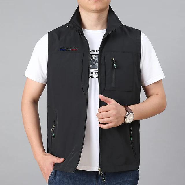MAIDANGDI Men's Waistcoat Jackets Vest 2021 Summer New Solid Color Stand Collar Climbing Hiking Work Sleeveless With Pocket black