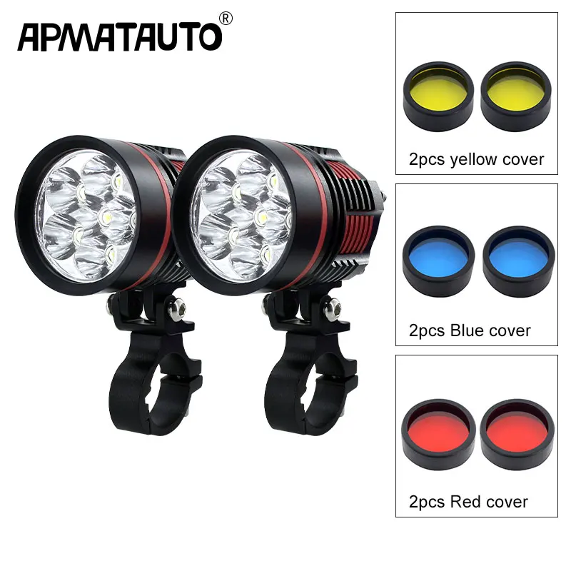 2pcs Motorcycle Headlights 60W 12000LM 6000k led chips Motorbike Spotlight add Color changing lamp cover white/yellow/Red/Blue - Цвет: Черный