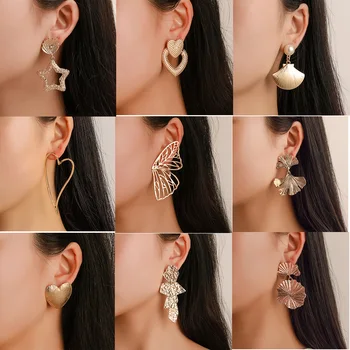 

Vintage Drop Earrings For Women Gold/Silver Color Big Heart Butterfly Flower Shell Statement Earring 2019 Fashion Earring Studs