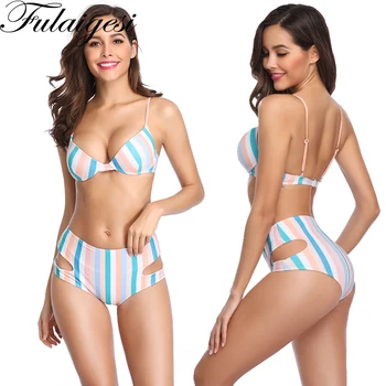 

Vertical Stripe Bikini Underwire Cup Swimwear Swimsuit Women High Waist Swimsuit Cut Out biquini maillot de bain Bathing Suit