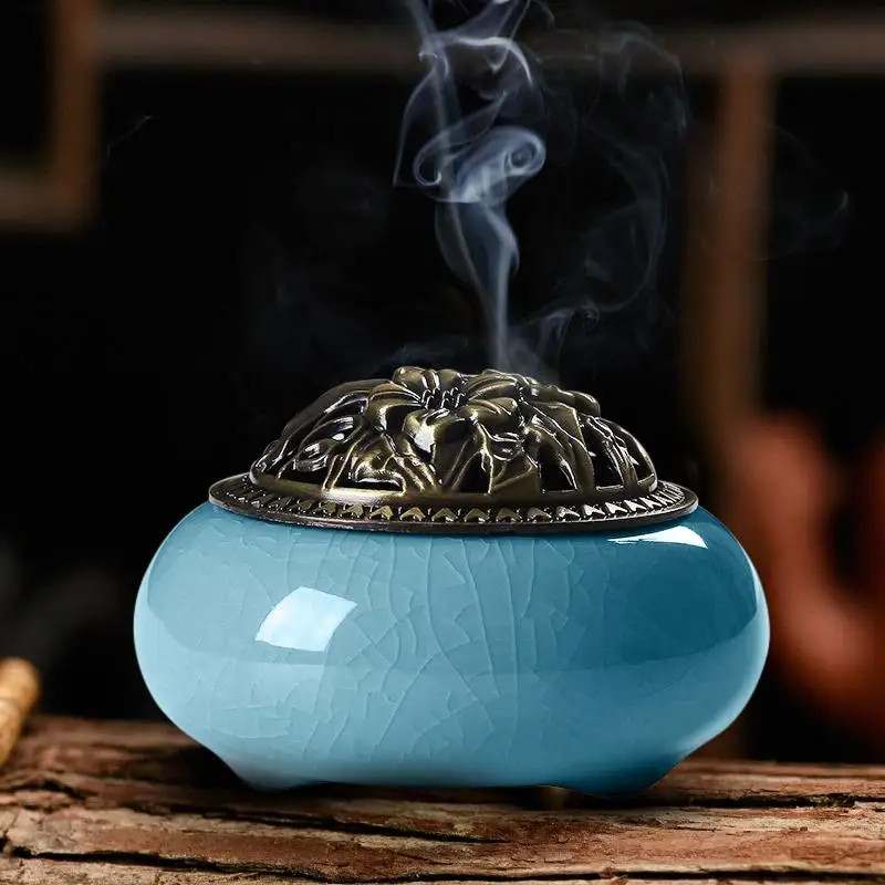 Light Blue Античный фарфоровый керамический Ароматерапевтический диффузор кадильница для сандалового дерева, ладана, горелка с медным покрытием, Йога, расслабляющий кадило, домашний декор - Цвет: Light Blue