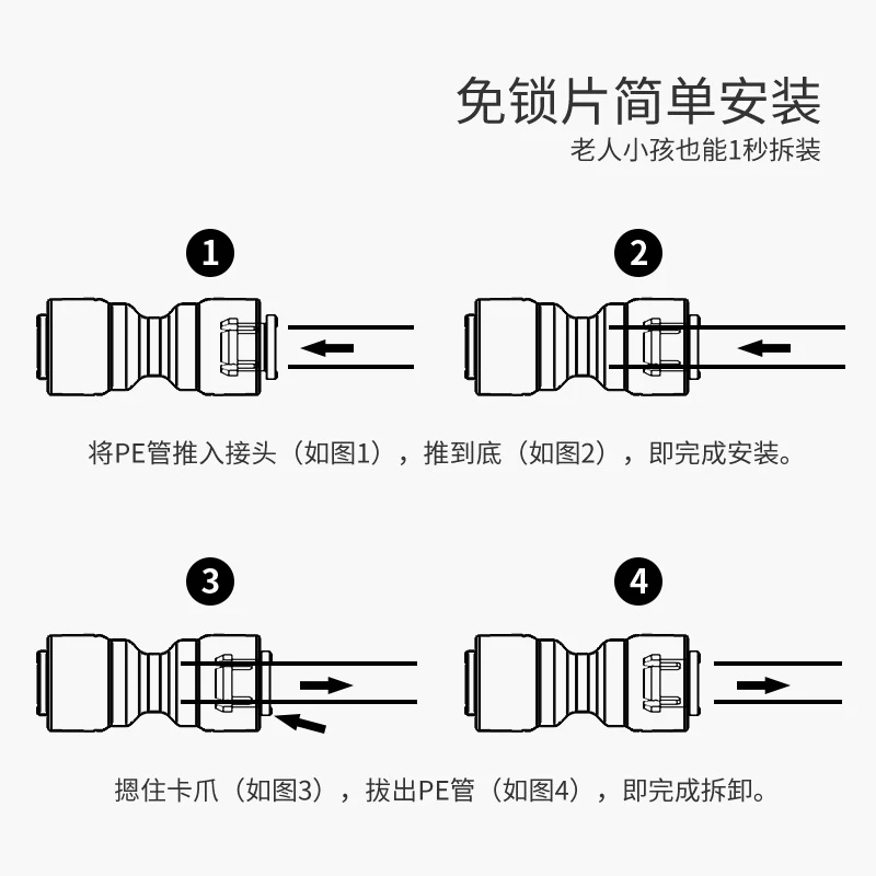 POM Straight quick attach connector 1/2" to 3/8" PE pipe union connector lock clamp free for Water purifier water dispenser