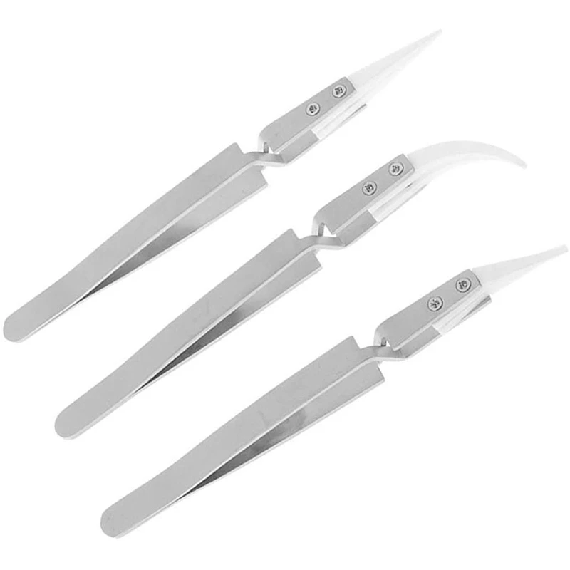 3 Pack Antistatic Ceramic Tweezers Tweezers Inverted Tweezers Precision Heat Resistant Tweezers
