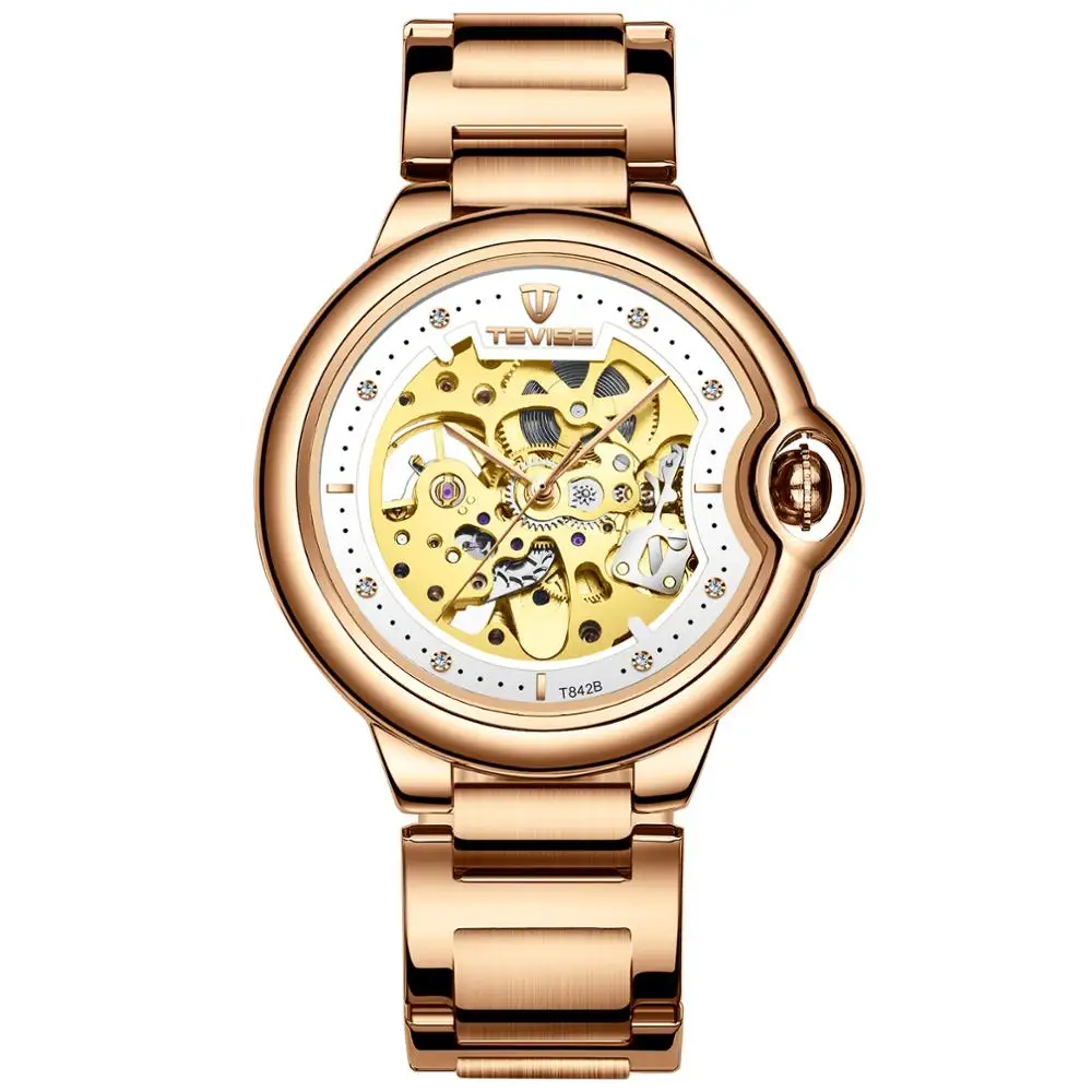 Fashion Brand TEVISE New Men Automatic Mechanical Watch Stainless Steel Skeleton Wristwatch Male Gifts Clock - Цвет: rose gold white