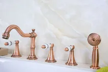 

Antique Red Copper Brass Widespread Three Handles Deck Mounted 5 Holes Bathroom Tub Faucet Mixer Tap With Handshower mtf213