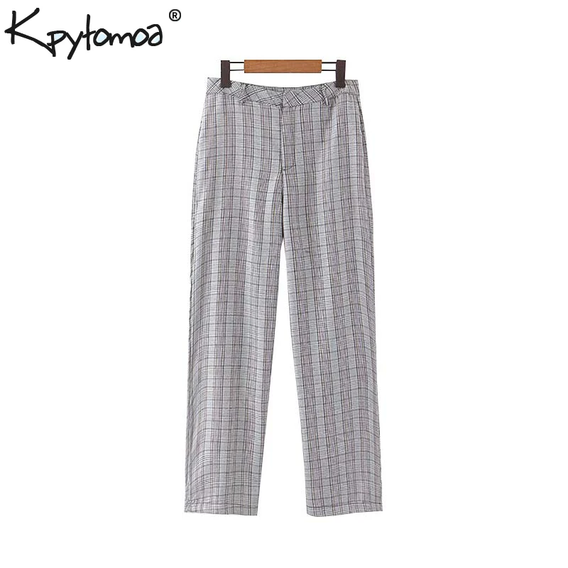 

Vintage Stylish Office Lady Plaid Pants Women 2019 Fashion Zipper Fly Pocket Workwear Ankle Trousers Casual Pantalones Mujer