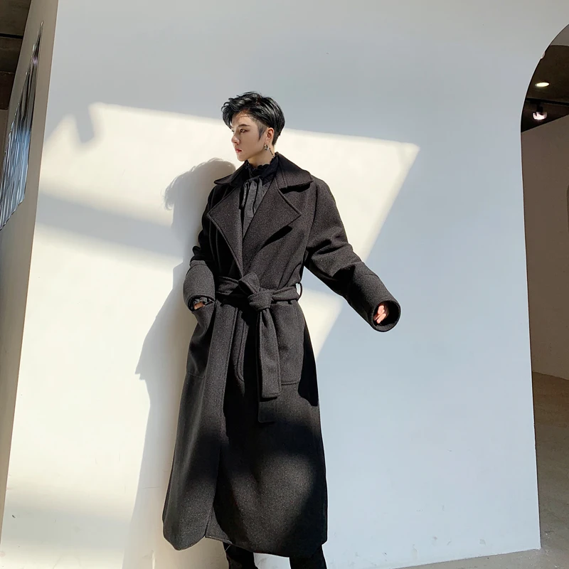 Мужская винтажная свободная повседневная черная Толстая шерстяная ветровка с поясом, Тренч, Мужская Уличная мода, Длинная зимняя куртка, пальто
