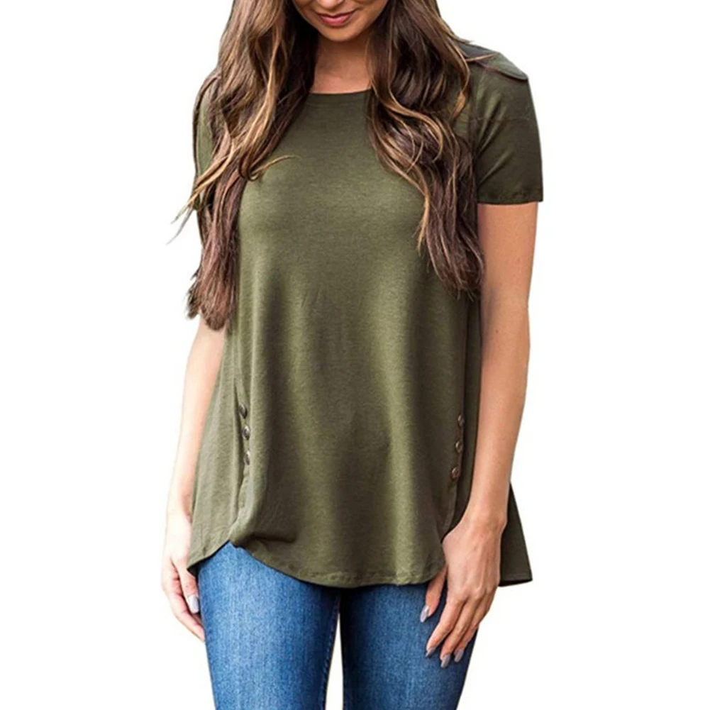 

Women Daily Wear Soft Short Sleeve Casual With Buttons Summer Solid Round Neck Loose Cool Fashion T Shirt Ladies Irregular Hem