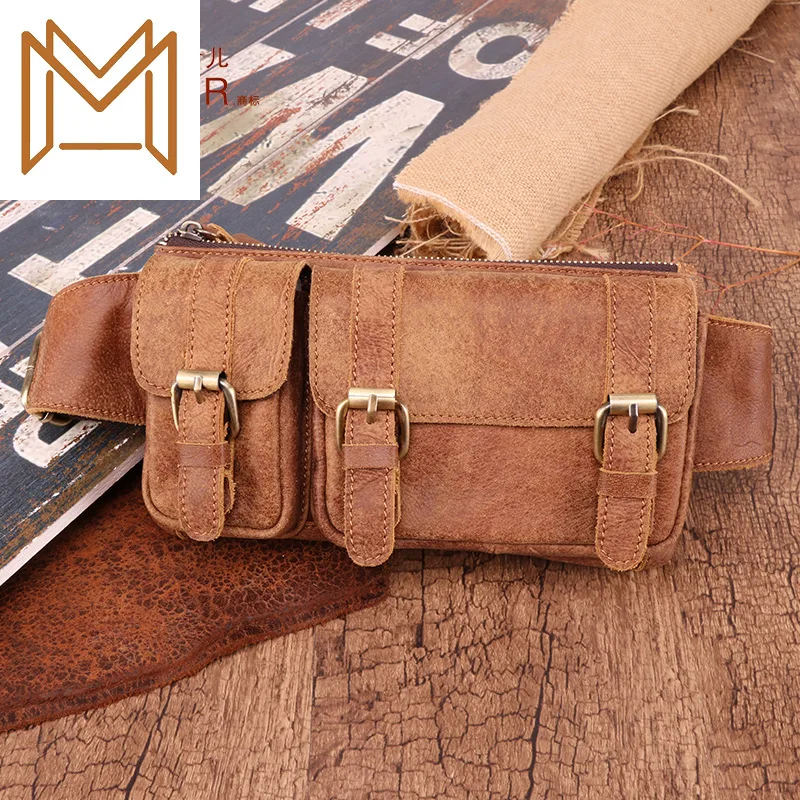 

Leisure Time Man Chest Package More Function Genuine Leather Outdoors Pocket Matting Single Shoulder Male Chest