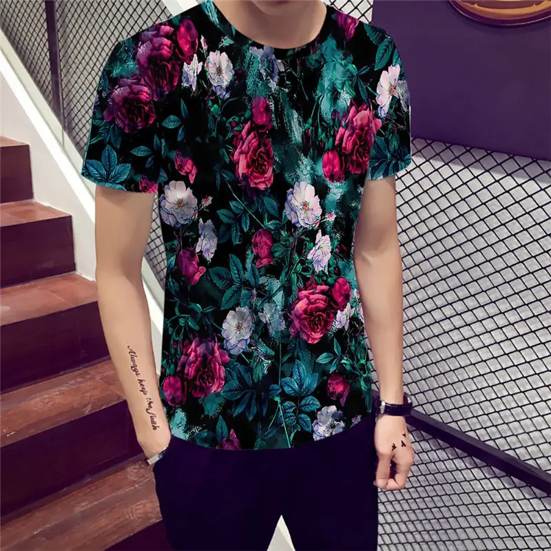 Харадзюку хип-хоп Футболка модная футболка с розами Мужская романтическая Дизайнерская футболка с коротким рукавом Повседневная футболка с цветочным принтом