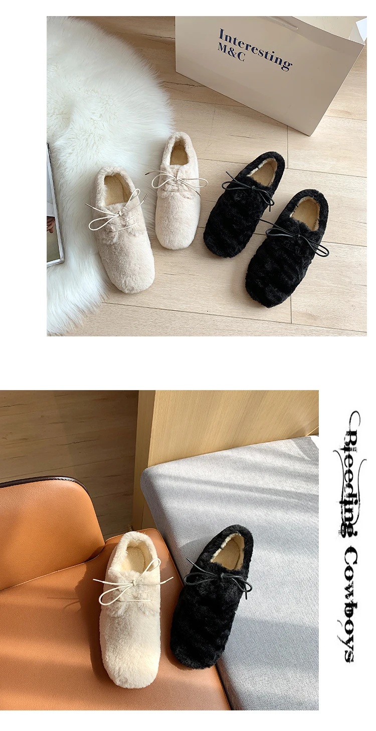 Solid brief furry shoes woman lace-up comfy flats velvet plush warm loafers femme round toe moccasins brand korean lazy footwear