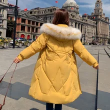 Пуховое пальто с меховым воротником женские зимние куртки пальто толстая хлопковая теплая длинная куртка женская верхняя одежда парки Большой размер 2XL