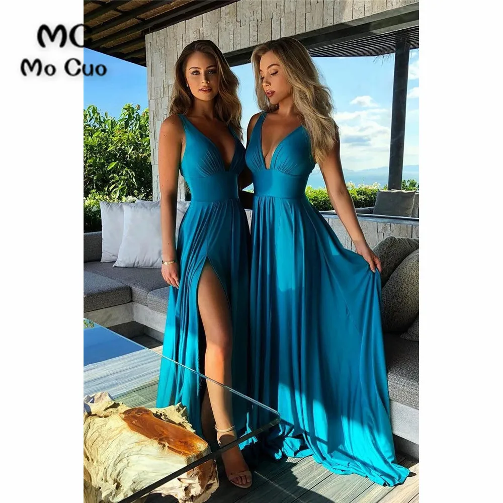 Pleated Empire Blue Bridesmaid Dress with Side Slit (2)