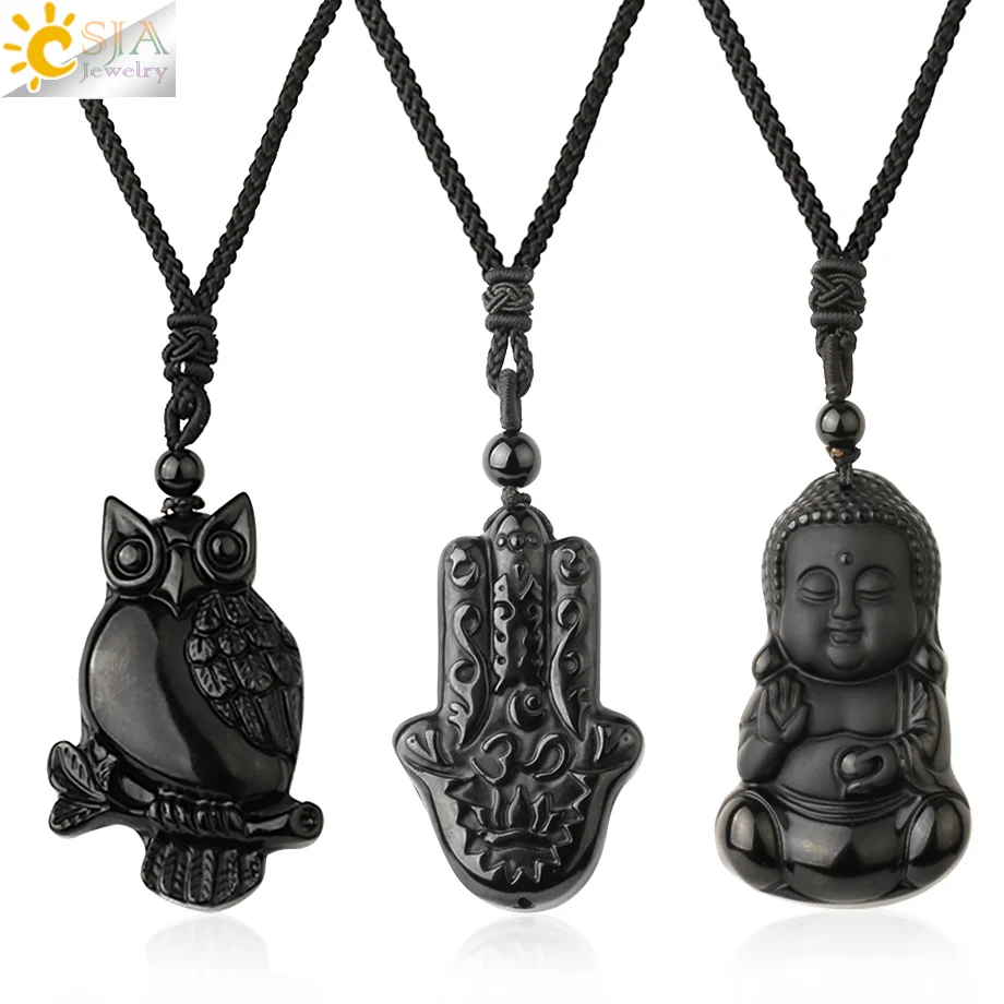 CSJA Obsidian Necklace Natural Stone Yoga Buddha Sculpture Tree of Life Animal Owl Men Necklaces Pendant Meditation Jewelry G644 | Украшения