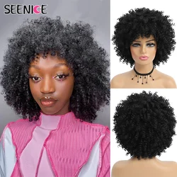 Short Curly Wig With Bangs Afro Kinky Curly Synthetic Wigs For Black Women Ombre Natural Heat Resistant Hair Brown Cosplay Wigs