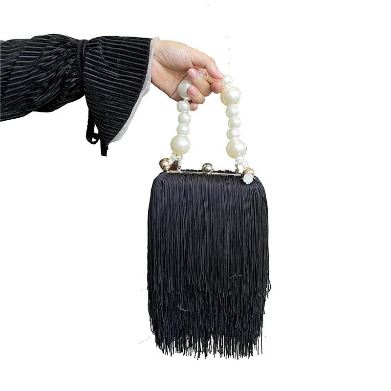 Tassel Small Square Bag Female Pearl Chain Handbag Dinner Bag Long Tassel Clutch Evening women handbag