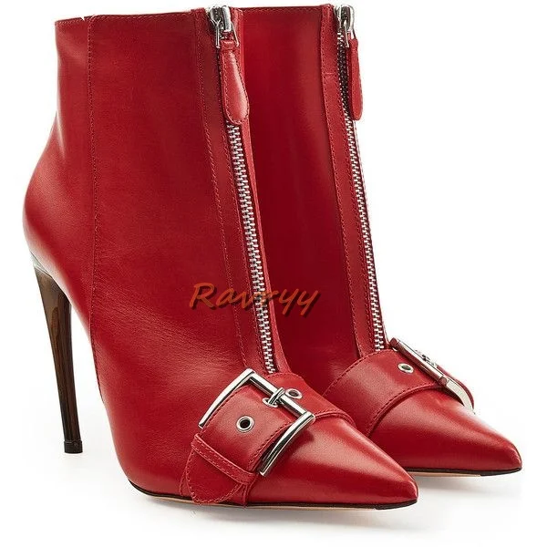 

Women's Red Pointed Toe Stiletto Belt Buckle High Heel Ankle Boots Fall Sexy Side Zipper Front Zipped Short Boots 2022 New