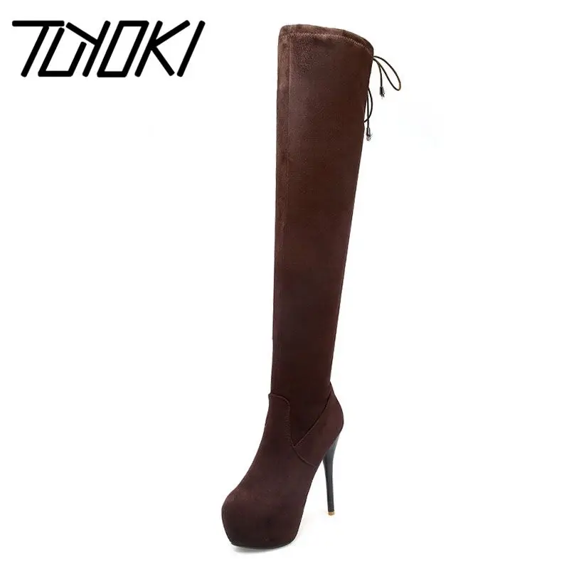

Tuyoki Stretch Suede Women Thigh High Boots Stilettos Sexy Over The Knee Boots Thin Heel Platform Long Boots Size 31-43