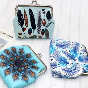 

Retro Feather Prints Mini Coin Purse for Women Girls Hasp Small Coin Bag Female Faux Leather Card Holder Key Wallet Change Pouch