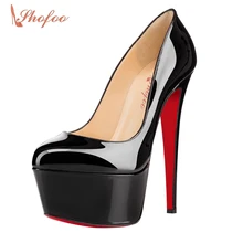 Черные женские туфли-лодочки с круглым носком на высоком каблуке-шпильке, на платформе, без шнуровки пикантная Классическая обувь с красной подошвой для свадебной вечеринки Большие размеры 11, 16