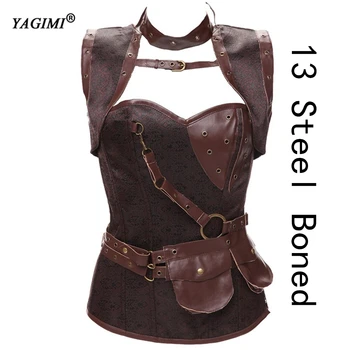 

YAGIMI Women Corset Top Blouse Overbust Gothic Bustier 13 Steel Boned Steampunk Waist Trainer Gorset Body Shaper Bodysuit Fajas