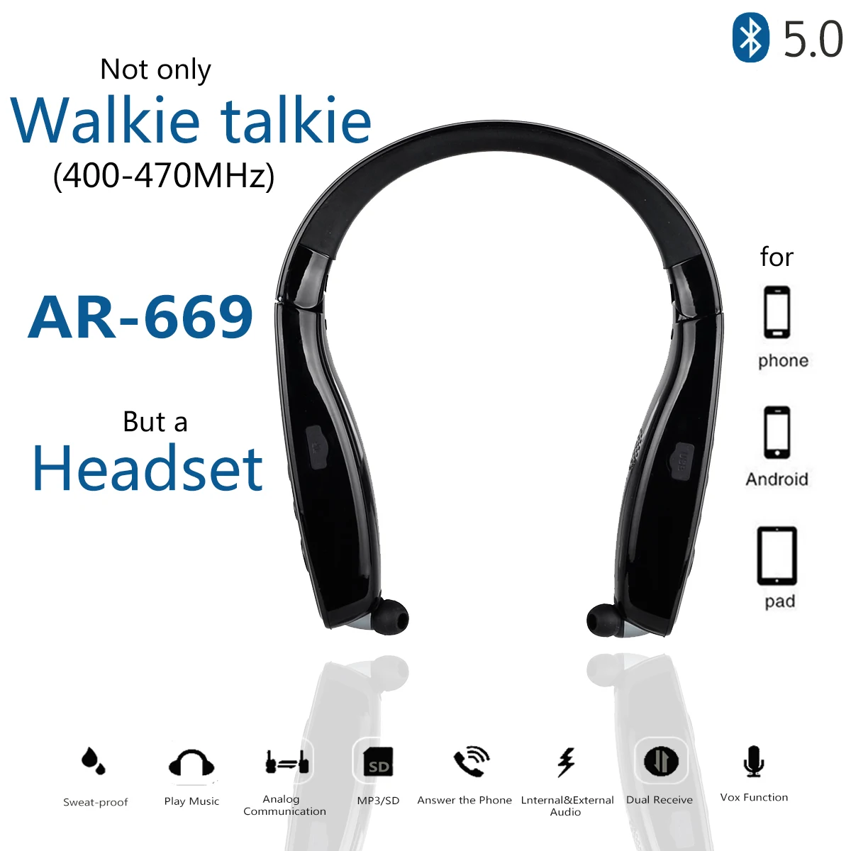 Abbree AR-669 мини-рация UHF 400-470 МГц 99CH SD mp3 play Neckband Bluetooth гарнитура наушники для двухстороннего радио и телефона