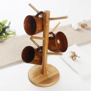 

1 Set Tree Shape Wood Coffee Tea Cup Storage Holder Stand Home Kitchen Mug Hanging Display Rack Drinkware Shelf With 6 Hooks