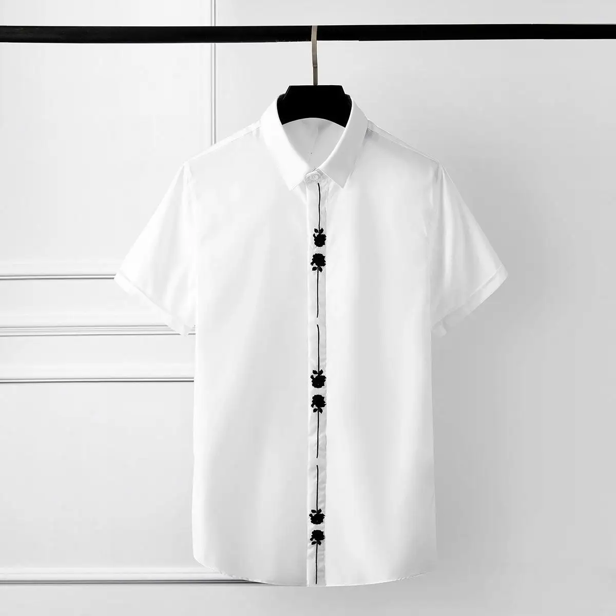 Cotton Men Shirt Fashion Placket Embroidered Short Sleeve Mens Dress Shirt White Black Mens Shirts Casual Slim Fit - Цвет: WHITE