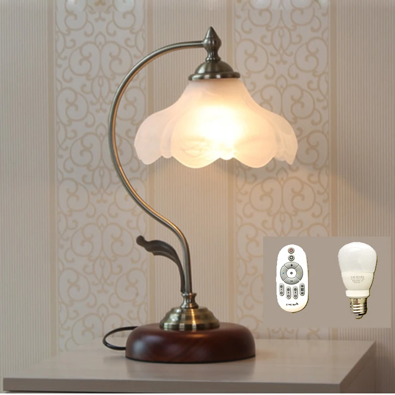 American Country Desk Lamp Lotus Table Lamp Home Deco Lamp Wood Beside Lamp Glass Shade Bedroom Living Study Table Luminaire E27 - Цвет абажура: Remote control