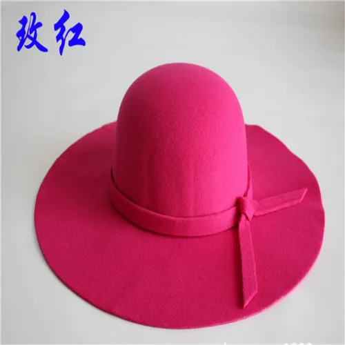 Rose Red Autumn Wool Felt Fedoras Sun Hat Women Fashion Wide Brim Sunbonnet Fedoras Lady Beach Sunhat UV Protection Caps hats for women - Цвет: Rose Red